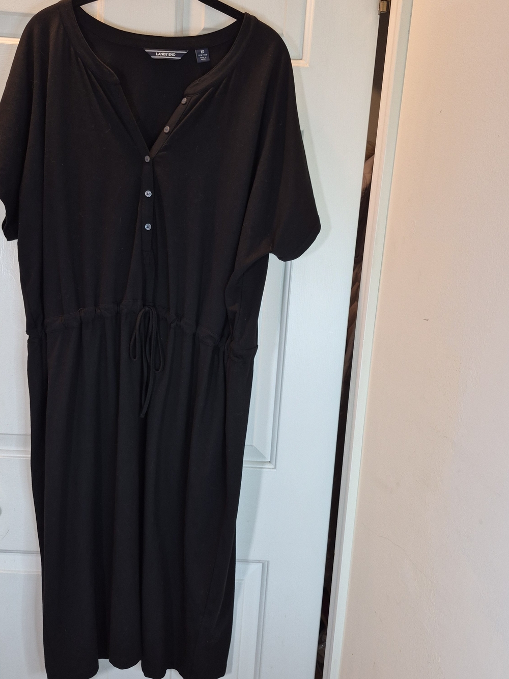 Lands' End Pima/ Modal Black Button-Front Drawstring Midi Dress - 1X